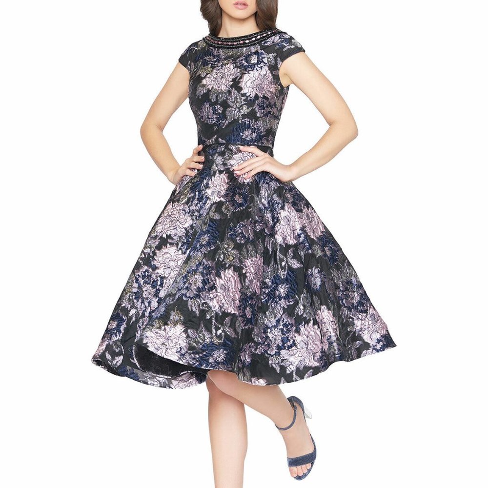 MAC DUGGAL BEJEWELED BAOT NECK CAP SLEEVE FIT & FLARE DRESS sz 4